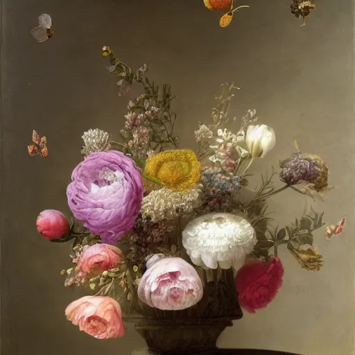 Image similar to still - life of bouquet of lilac and ranunculus with honeycomb bees and birds feathers, rachel ruysch, dark, moody