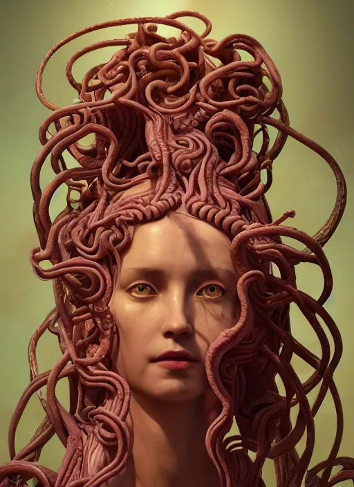 Image similar to medusa made of soft wax, wooden art nouveau swirls, strong subsurface scattering, cables, tubes, subsurface scattering, in the style of ruan jia and beeple and giger, subsurface scattering, mystical colors, back light, rim light, dramatic lighting, 8 k, stunning scene, raytracing, octane render, trending on artstation