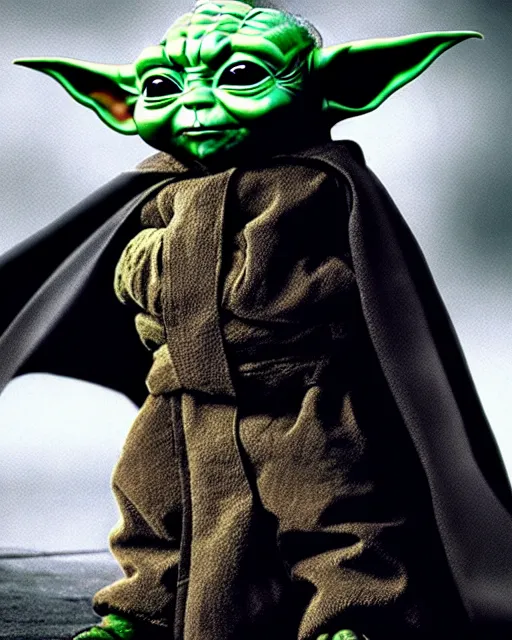 Image similar to epic action still of baby yoda wearing batman outfit as batman in the style of batman the dark knight rises