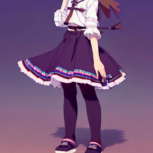 Image similar to a beautiful! boyish! natalie portman model, wearing catholic school girl outfit with mayan pattern and native style, jrpg aztec street fashion, gapmoe yandere grimdark, trending on pixiv fanbox, painted by greg rutkowski makoto shinkai takashi takeuchi studio ghibli, akihiko yoshida