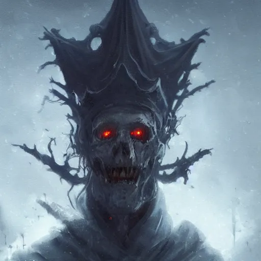 Prompt: a friendly elder lich with a magnificent robe and crown, close up, portrait, realistic skull, sinister atmospheric lighting. highly detailed painting by greg rutkowski, anime style