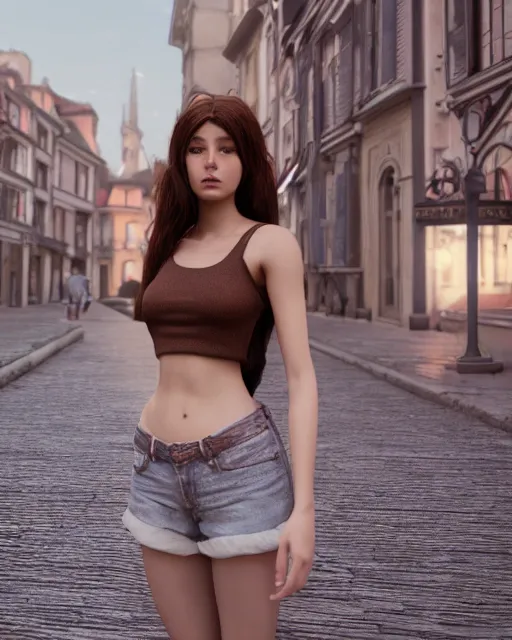 Prompt: hires unreal 5 photoreal render of a brown haired anime girl in a european city wearing a crop top, official art, half body shot, by jeremy lipking, by charlie bowater, by studio ghibli, photorealistic digital art, octane render, anime style