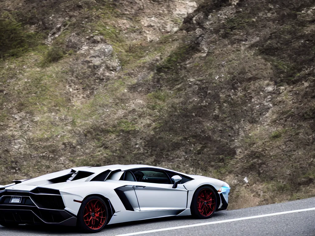 Prompt: a rear shot of a lamborghini aventador with lights on a mountain road, motion blur, 3 5 mm photography, car photography, clean lines, realistic