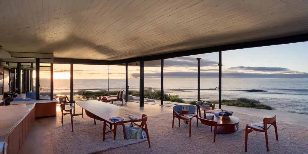 Image similar to a mid-century Eichler Home on a beach at sunset with view of the ocean, mid-century modern furniture, ceiling beams, sunset magazine, dwell magazine, intricate, extreme detail, photorealistic, 35mm lens, professional photography, award winning architectural photography