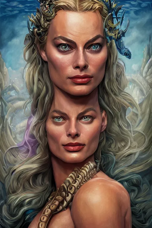 Image similar to A fantasy comic book style portrait painting of Margot Robbie as an Atlantean Reptilian Warrior, Mystical Valkyrie, unreal 5, DAZ, hyperrealistic, octane render, Regal, Refined, Detailed Digital Art, RPG portrait, Michael Cheval, Walt Disney (1937), François Boucher, Oil Painting, Steampunk, dynamic lighting, Highly Detailed, Cinematic Lighting, Unreal Engine, 8k, HD