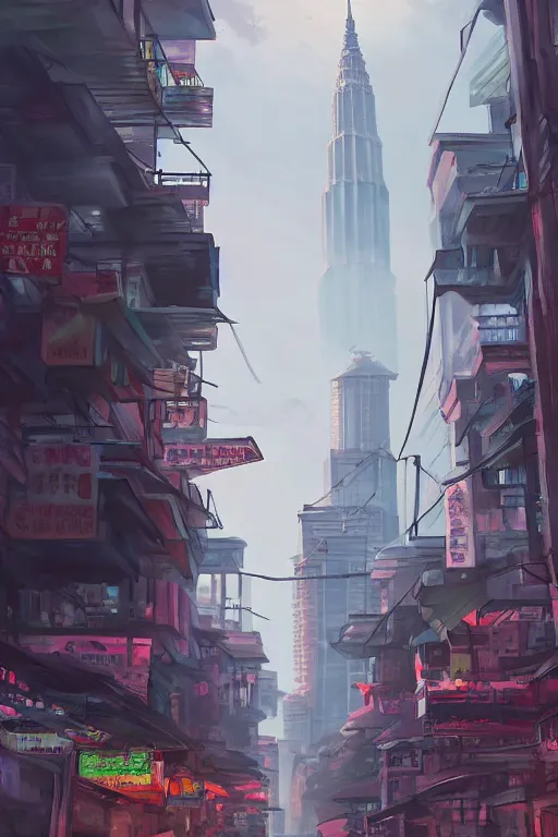 Image similar to hawker street with kuala lumpur twin towers in the background, evening, highly detailed matte painting, studio ghibli, artstation