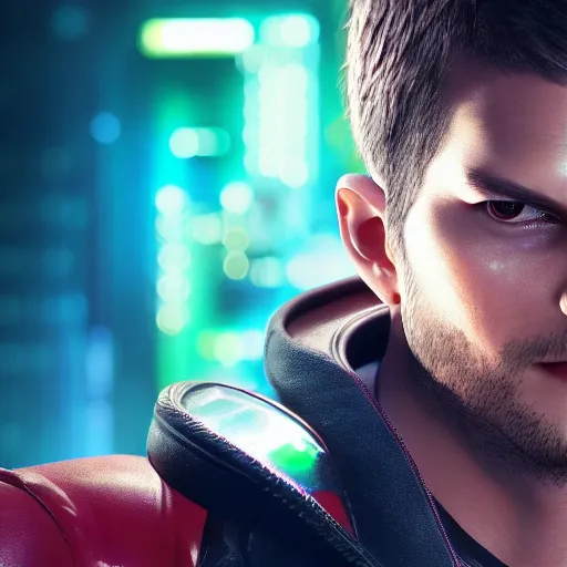 Image similar to ashton kutcher portrait, cyberpunk 2 0 7 7, cyberpunk, photorealistic, ultra detailed, neon, octane, bokeh, cinematic lighting, cyber, cyberpunk city, studio quality, feature, scars, cyberface, 8 k