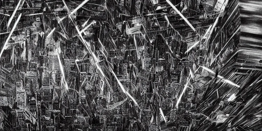 Prompt: in the black storm, the dark city, close up, on a darkling plain, drawn by nicholas delort!! graphic black and white, low camera, wide angle, centered composition, golden ratio