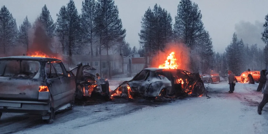 Prompt: depressing finnish rural town during winter, a burning car and people standing, movie still, david lynch film, low - key light, wide shot