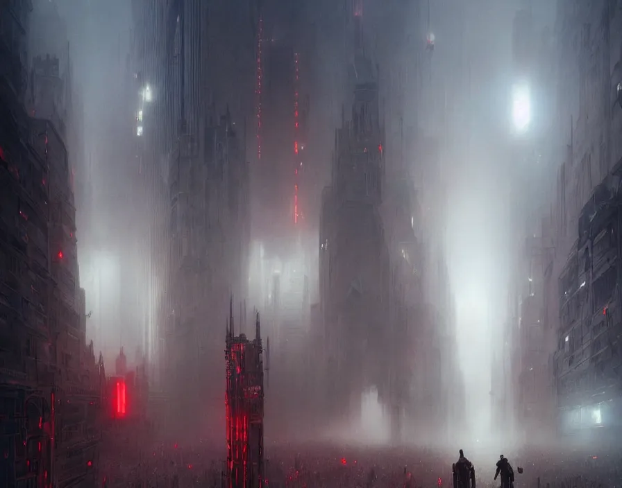 Prompt: a gigantic humanoid robot in the fog with red eyes marching across a metropolis, by greg rutkowski and moebius, epic, hyper detailed, cinematic, dramatic lighting, vivid colors, horror