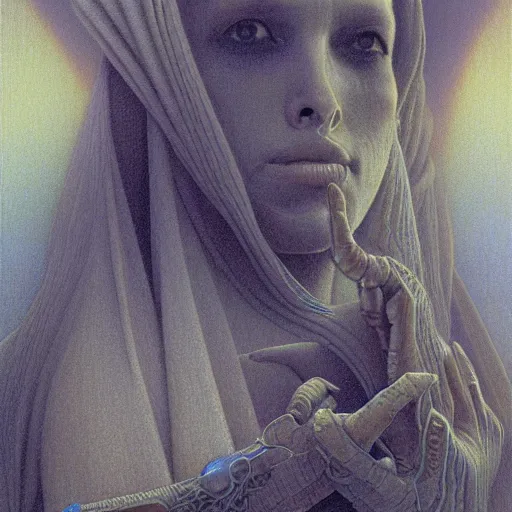 Image similar to sci - fi portrait of bene gesserit order sister by jean delville and beksinski, intricate, hyperealistic, photoreal, 8 k resolution, highly detailed, proffesional illustration