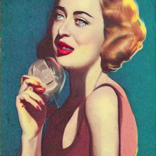 Image similar to “Dakota Johnson portrait, color vintage magazine illustration 1950”