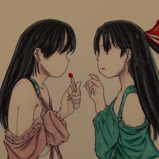 Image similar to portrait of two girls kissing, detailed manga art