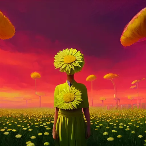 Image similar to giant daisy flower head, frontal, girl in a yellow suit, surreal photography, sunrise, dramatic light, impressionist painting, digital painting, artstation, simon stalenhag