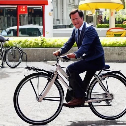 Prompt: mark rutte on a bicycle eating a hamburger