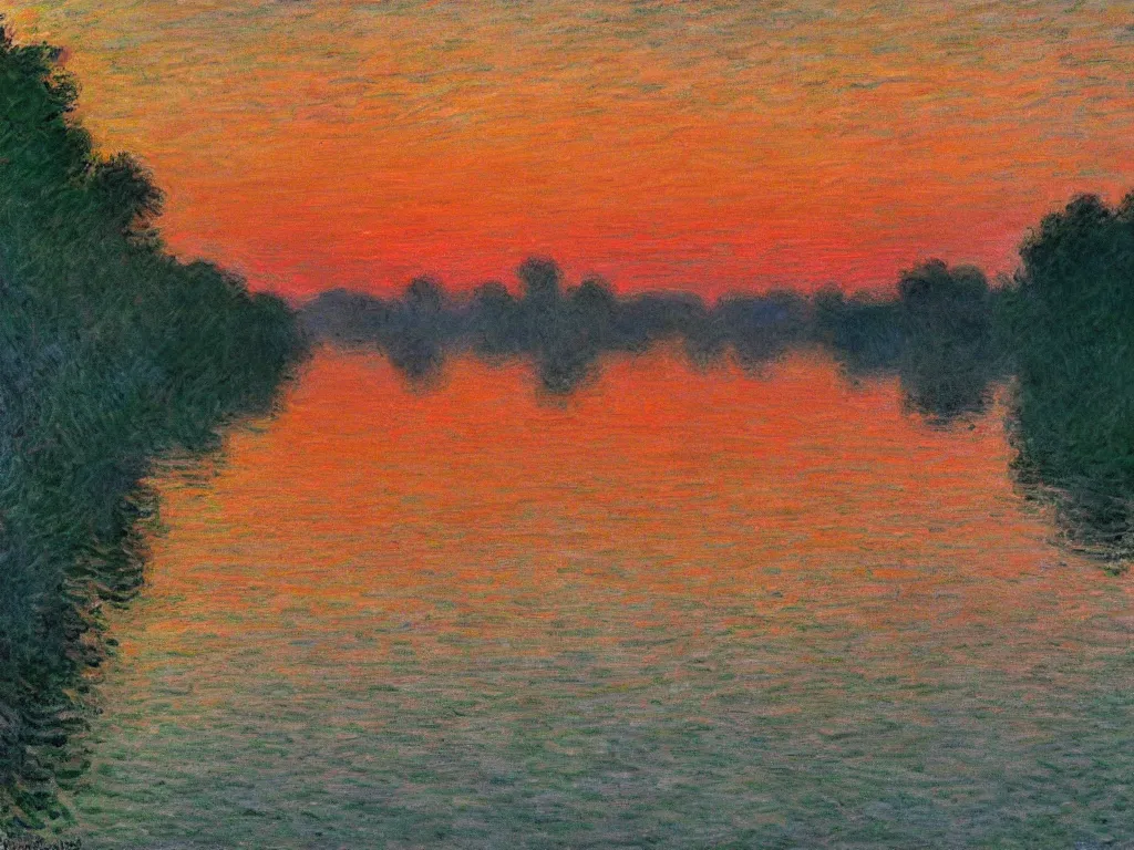 Prompt: trending on artstation, a beautiful river during sunset, in the style of Claude Monet
