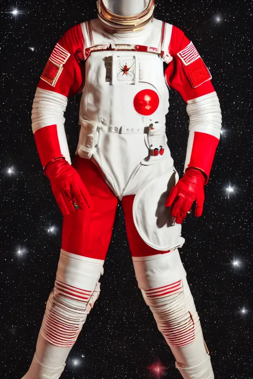 Image similar to a photography of red and white space suits designed for knights templar, golden linings, photo shoot, by annie leibovitz, sigma 85mm 1.4, glows, sharp, high contrast, octane render