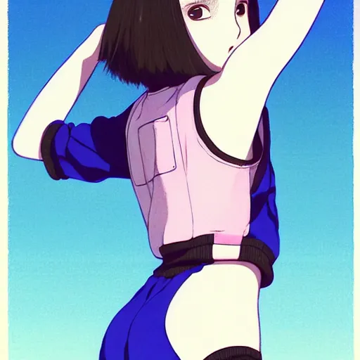 Image similar to a beautiful! boyish! natalie portman alluring gravure! model, wearing oversized mayan bomber jacket and leotard with overalls, bulky poofy bomber jacket with mayan patterns, gapmoe yandere grimdark, trending on pixiv fanbox, painted by greg rutkowski makoto shinkai takashi takeuchi studio ghibli, akihiko yoshida