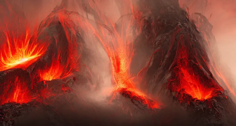 Image similar to a volcano made of ivory vines and crimson rocks enters in eruption, it spits a smoke in the shape of demonic eye, by Disney Concept Artists