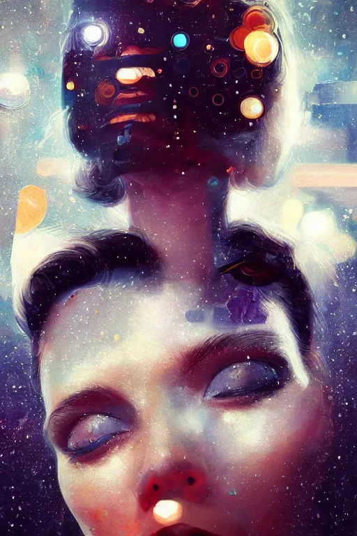 Image similar to 3 d, close - up, sleepy fashion model, plastic, deep night, stars, poster art, intricate oil painting, high detail, figurative art, multiple exposure, poster art, 3 d, by stanley kubrick and tooth wu and wlop and beeple