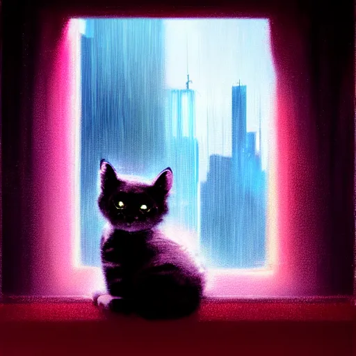 Prompt: a cute kitten sitting on a dark hotel window sill, looking out a rain-streaked window overlooking a futuristic cyberpunk cityscape, pink and blue lighting, by greg rutkowski and android jones in a surreal style, oil on canvas, ancient cyberpunk 8k resolution