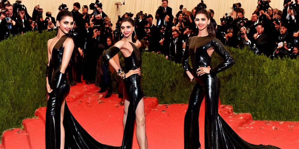 Image similar to Beautiful photograph of Deepika Padukone wearing a leather bodysuit by Tom Ford at Met Gala red carpet Getty Images