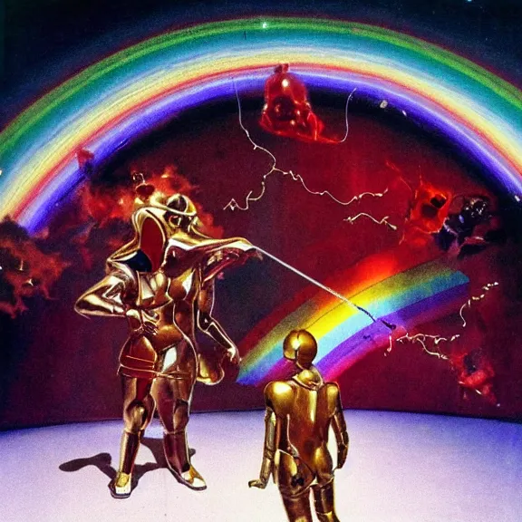 Prompt: time generals wearing chrome masks and red rick owens flight suits with their hands behind their backs inside the glowing geometric rainbow portal to the sixth dimension by frank frazetta