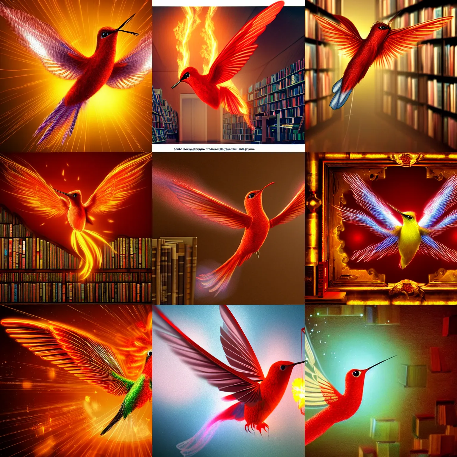 Prompt: a cute adorable small flaming mythical red hummingfirebird flies quickly through a library #epic-render-digital-artwork #masterpiece #movie #raytracing-realism-particle-effects