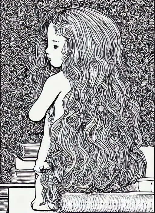 Image similar to clean simple line art of a little girl with wavy curly hair sitting on a tall pile of books. well composed, clean coloring book page, beautiful detailed face. coloring book line art by greg rutkowski and johanna basford