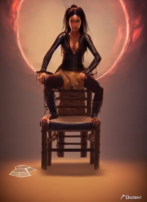 Image similar to An epic fantasy comic book style portrait painting of a tan woman with black hair in a pony tail and serious eyes sitting on a large chair, unreal 5, DAZ, hyperrealistic, octane render, cosplay, RPG portrait, dynamic lighting