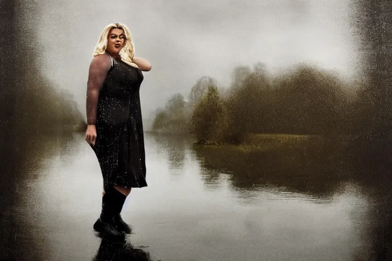 Image similar to a cinematic painting of gemma collins stood near a lake on a rainy day, beautiful lighting, high depth, ultra realistic, artistic, by annie leibovitz