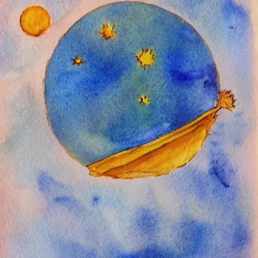 Image similar to the little prince on a little planet floating in space, original watercolors by exupery