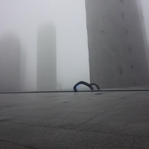 Image similar to giant tentacles coming out of fog, grasping giant brutalist buildings