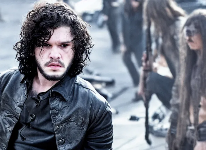 Prompt: promotional image of a kit harrington in a heavy metal band in a movie from 1978, rugged black clothes, detailed face, movie still frame, promotional image, imax 70 mm footage