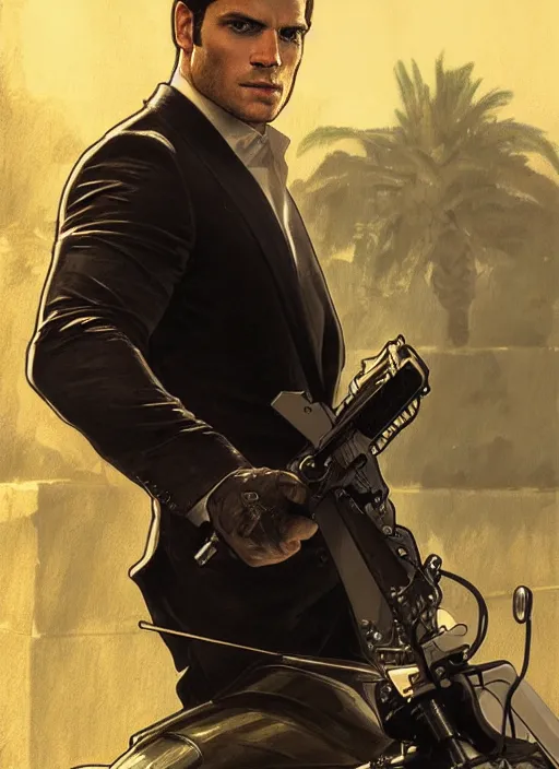 Image similar to portrait of henry cavill as james bond, key art, palm trees, vintage aston martin, highly detailed, digital painting, artstation, concept art, cinematic lighting, sharp focus, illustration, by gaston bussiere alphonse mucha