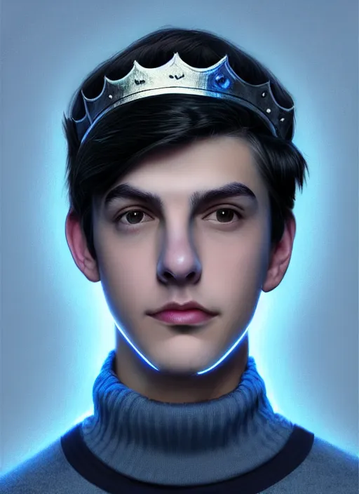 Image similar to portrait of teenage jughead jones wearing a light grey crown, crown, blue turtleneck, closed eyes, photorealistic, black hair, glowing lighting, intricate, elegant, glowing lights, highly detailed, digital painting, artstation, concept art, smooth, sharp focus, illustration, art by wlop, mars ravelo and greg rutkowski