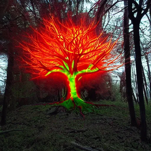 Prompt: crazy evil tree with glowing orange eyes
