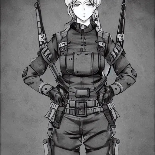 Prompt: manga, monochromatic, miura kentaro, soldier girl character, sandbags, soldier clothing