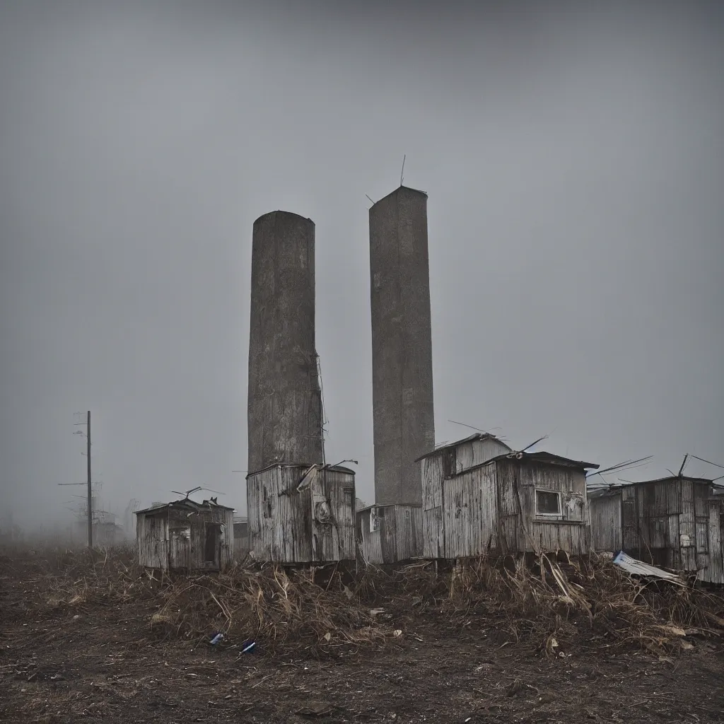 Image similar to two towers, made up of makeshift squatter shacks with faded colours, moody clludy sky, uneven fog, dystopia, mamiya, f 1 1, fully frontal view, photographed by jeanette hagglund