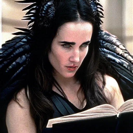 Prompt: young innocent jennifer connelly as youthful alien bird - woman, dark fae, wearing hooded dark cloak, modestly dressed, reading in library, gray skin, huge wings, black feathers instead of hair, black feathers growing out of skin, bumpy skin, black feathers growing out of face, black hands with black claws, comic book, mike mignogna