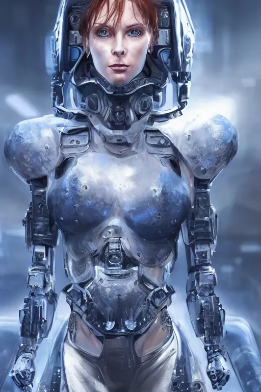 Image similar to ultra realist and ultra intricate detailed soft painting of a beautiful sci-fi armored female, thin lustrous long auburn hair shaved on one side, symmetry features, glowing blue eyes, sensual gloomy style, volumetric clouds, cyberpunk background, artstation, unreal render, depth of field