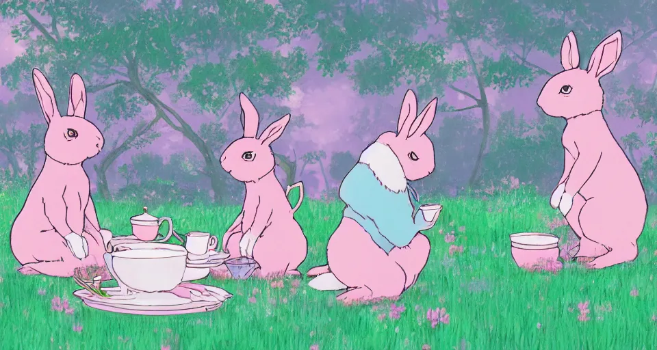 Image similar to 3 pink and teal colored bunnies having a tea party, by studio ghibli, makoto shinkai, beautiful nature illustration