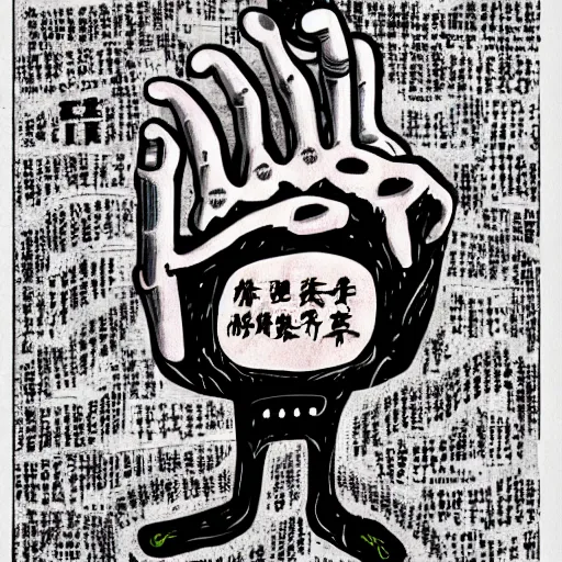 Prompt: three arms, in the style of daniel johnston and outsider art, 4k, overlaid with chinese text