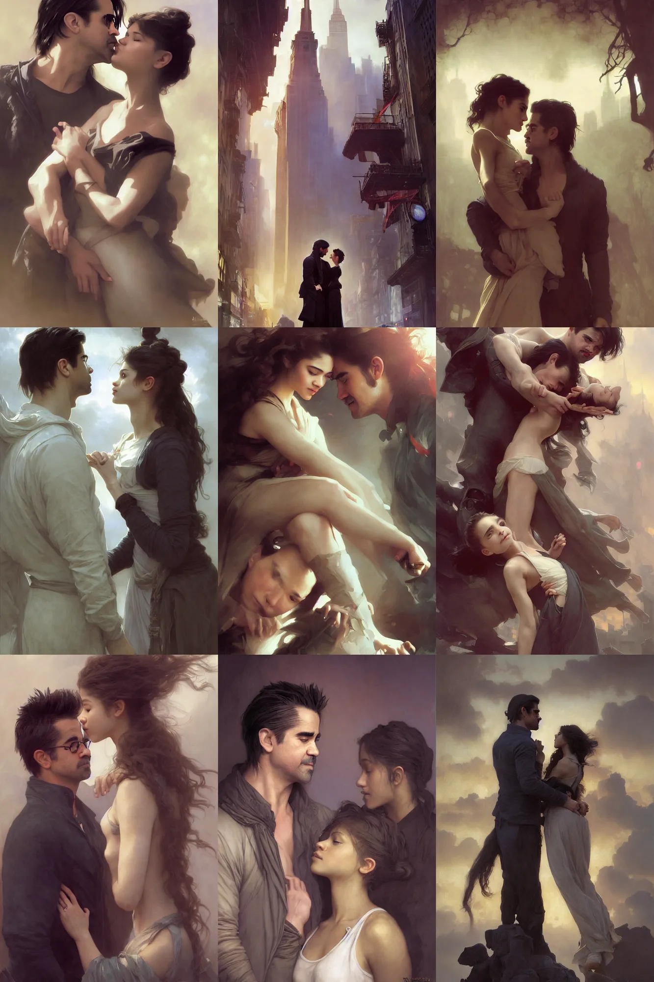 Prompt: Romantic depiction of Colin Farrell and Zendaya In New York City illustration by Ruan Jia and Mandy Jurgens and William-Adolphe Bouguereau, Artgerm, 4k, digital art, surreal, space dandy style, highly detailed, godsend, artstation, digital painting, concept art, smooth, sharp focus, illustration by Ruan Jia and Mandy Jurgens and William-Adolphe Bouguereau