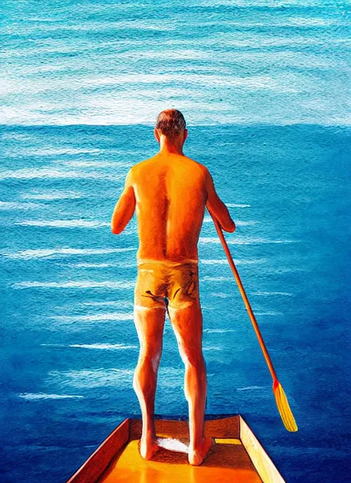 Prompt: self portrait of a painter painting himself on a raft in the ocean