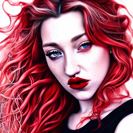 Image similar to a realistic illustration portrait of a beautiful kendra sunderland with curly black and red hair, black eyeliner, trending on artstation, hyper - realistic lighting, intricate, ross tran