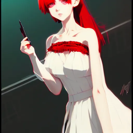 Prompt: elegent girl with red hair and green eyes, wearing a white dress, red and black color palette, in the style of and ilya kuvshinov and greg rutkowski, high quality anime artstyle, intricate