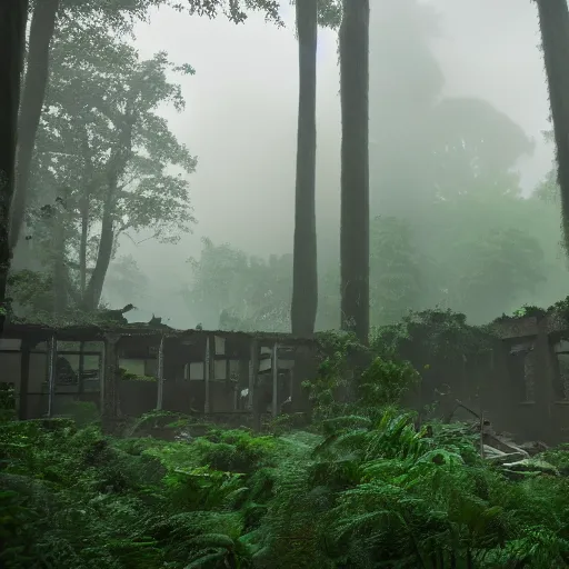 Prompt: Ruins of an apartment complex in a jungle full of mist, DSLR photography, 4k wallpaper