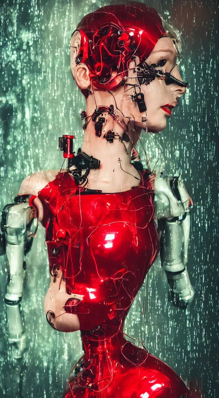 Prompt: woman, android, female robot, cyberpunk, artificial limbs, circuit, wires, mechanisms, tattoos, neon lights, retrowave, hard light, glamour, vogue photoshoot, fashion, long dress, red dress, raindrops, rain, wet, make - up, leaky make - up, red lipstick