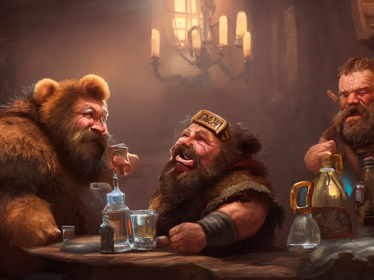 Image similar to Drunk Dwarf and his Bear start a fight at the Tavern, RPG Portrait, Oil Painting, Trending on Artstation, octane render, Insanely Detailed, 8k, HD